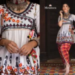Pure white angarkha yoke dhingli embroidered kedia and chex tulip pants set